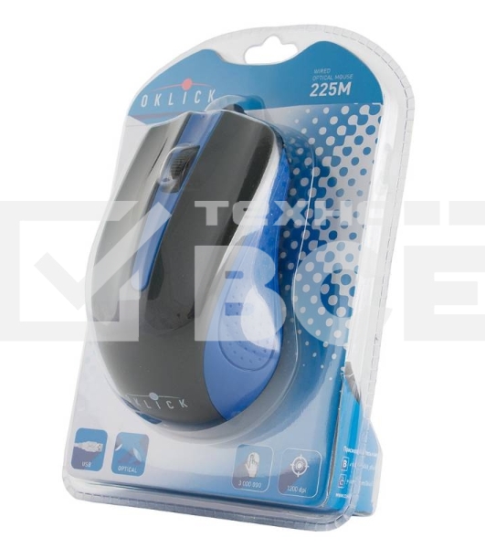 Мышь проводная Oklick 225M черный/синий, 1200 dpi, USB, кнопки - 3