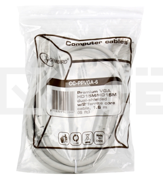 Кабель Gembird/Cablexpert CC-PPVGA-6, Кабель VGA Premium ,15M/15M,1.8м, тройной экран, феррит.кольца, пакет