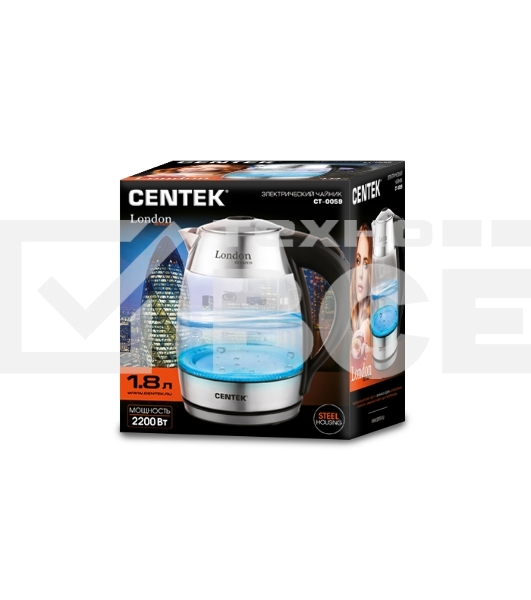 Чайник Centek CT-0059 London, стекло, 1.8л, 2200Вт, LED-подсветка, отделка нерж.