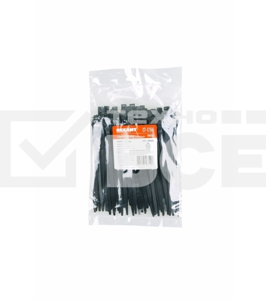 Хомут-стяжкa нейлоновая усиленная с двойным горизонтальным замком Rexant 180x6,0 мм, черная, упаковка 100 шт.