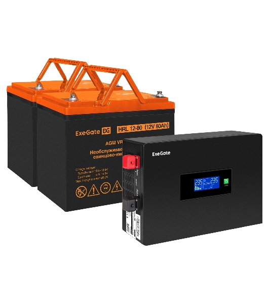 Комплект Источник бесперебойного питания EX295994RUS + батарея 80Aч EX285654RUS 2шт (инвертор, синус, для котла, PF=1, настенный) ExeGate IdealSine SR-1500.LCD.2SH  <1500VA/1500W, чистая синусоида, цветной LCD-дисплей, 2*Schuko, крепление настенное, Black> + батарея ExeGate HRL 12-80 (12В, 80Ач) 2шт
