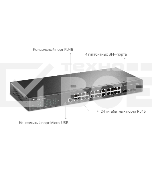 Коммутатор TP-Link JetStream™ 24-port Gigabit L2/L2+ Managed Switch with 4 SFP slots, support SDN controller, abundant L2/L2+ features, 1U rack mountable, full managed via web UI/CLI/Console/SSH/Telnet/SNMP.