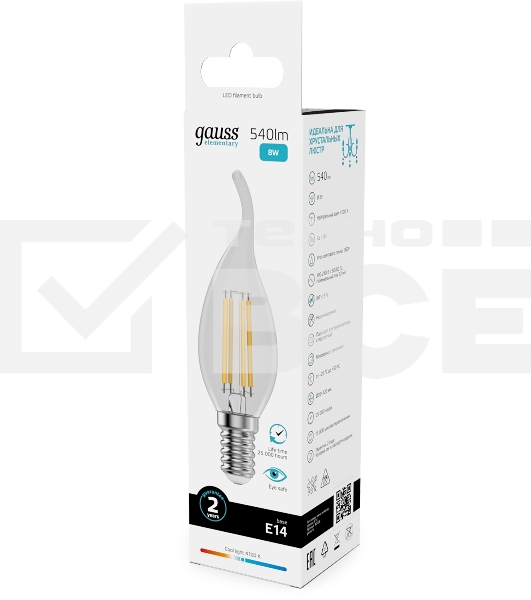 Лампа филам. Gauss Filament 8Вт цок.:E14 свеча св.свеч.бел.нейт. (упак.:10шт) (42128)