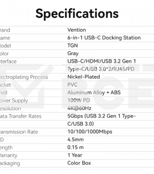 Мультифункциональный хаб Vention USB-C 6 в 1, шт.