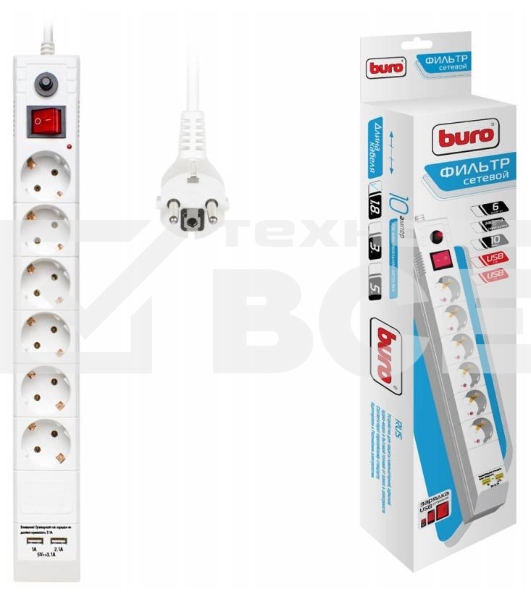 Сетевой фильтр Buro BU-SP1.8_USB_2A-W 1.8м (6 розеток) белый (коробка)
