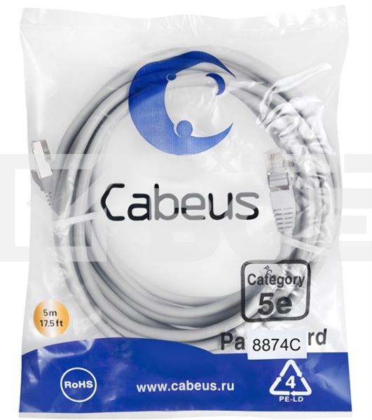 Экранированный патч-корд Cabeus, кат. 5е, экр., F/UTP, RJ45/RJ45, LSZH, AWG24, 5м, серый