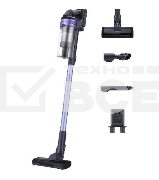 Пылесос вертикальный Samsung VS15A6031R4/EV фиолетовый/чёрный, питание от аккумулятора, 150 Вт, уборка сухая, пылесборник 0.8 л, работа от АКБ max 40 мин.