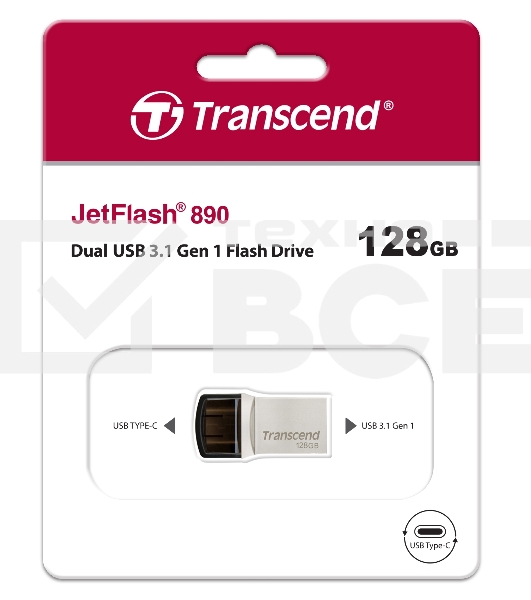 Флешка USB Transcend JetFlash 890S (TS128GJF890S), 128Gb, USB 3.1/Type-C, R/W 70/25, темно-серый