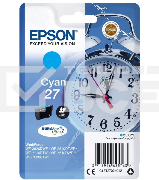 Картридж струйный Epson T2702 (C13T27024022/C13T27024020) голубой, 300 стр., для WF7110/7610/7620