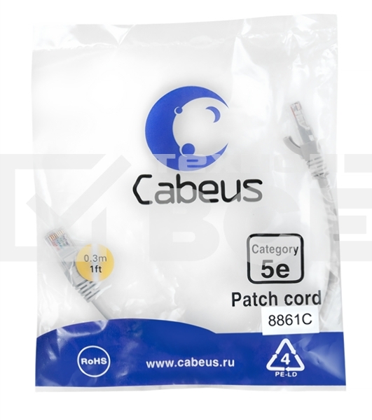 Шнур комм. Cabeus, кат. 5е, неэкр., U/UTP, RJ45/RJ45, LSZH, AWG24, 0.3м, серый