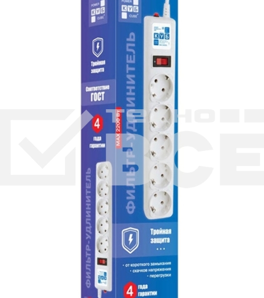 Фильтр-удлинитель, PC 0,5 м 5 р, бел. 10А, SPG-B-0,5M-WHITE