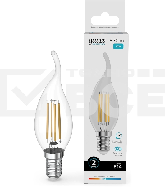 Лампа филам. Gauss Filament 10Вт цок.:E14 свеча св.свеч.бел.нейт. (упак.:10шт) (42120)