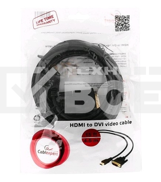 Кабель HDMI-DVI Cablexpert CC-HDMI-DVI-15, 19M/19M, single link, медь, позол.разъемы, экран, 4.5м, черный, пакет