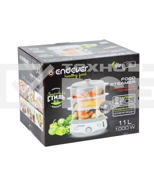 Пароварка электрическая Endever Vita-170, белый/серый, мощность 1000 Вт, объем 11 л