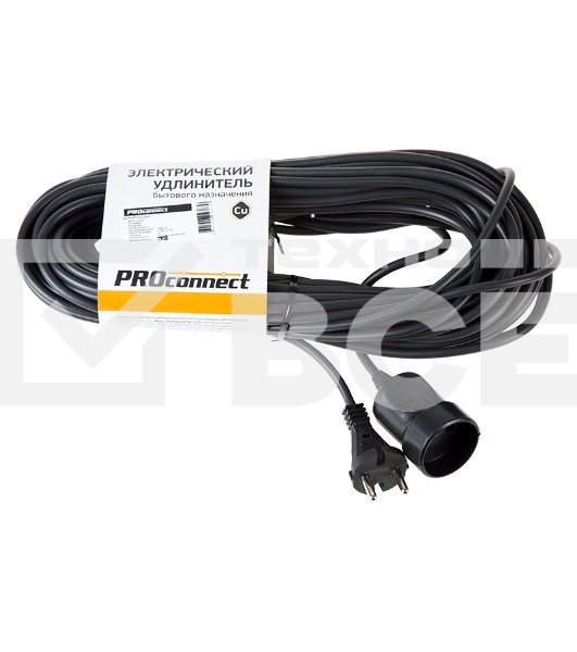 Удлинитель-шнур PROconnect ПВС 2х0.75, 20 м, б/з, 6 А, 1300 Вт, IP20, черный (Сделано в России)