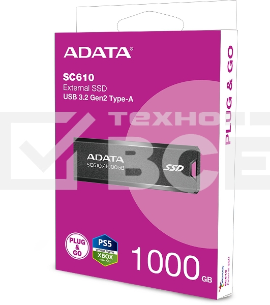 Внешний SSD ADATA SC610, 1TB, USB 3.2 Gen 2 Type-A, R/W 550/500, черный