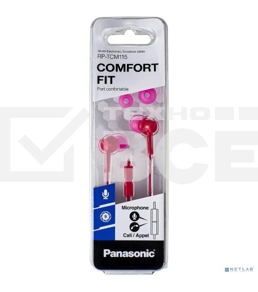 Наушники Panasonic RP-TCM115GCP внутриканальные 10-24000Гц 1.2м 3.5мм 98дБ микрофон розовые
