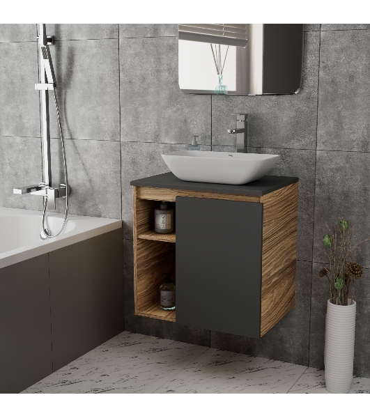 Тумба Bau Dream Blackwood 60 правая, графит, раковина BAU Spectrum mini 47х24 смеситель для раковины высокий Hotel Still, нержавеющая сталь