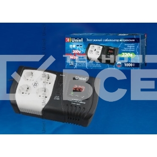 Стабилизатор напряжения UNIEL (9622) U-ARS-1000/1 серия Standard - Expert 1000 ВА(Однофазный электронны(релейный)стабилизатор,цифровой дисплей,номинальная мощность 1,0кВА,диапазон входного напряжения 145-280В,выходное напряжение 220+/-10%В,частота 50/60Гц,точность стабилизации 10%,Макс.ток 2,5А.Размер: 258x140x93мм, Вес: 2.3кг.)