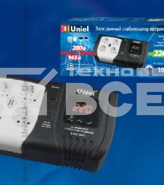 Стабилизатор напряжения UNIEL (9622) U-ARS-1000/1 серия Standard - Expert 1000 ВА(Однофазный электронны(релейный)стабилизатор,цифровой дисплей,номинальная мощность 1,0кВА,диапазон входного напряжения 145-280В,выходное напряжение 220+/-10%В,частота 50/60Гц,точность стабилизации 10%,Макс.ток 2,5А.Размер: 258x140x93мм, Вес: 2.3кг.)