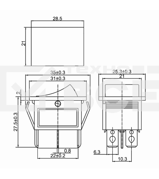 Выключатель клавишный 250V 15А (6с) ON-ON красный  с подсветкой (RWB-506, SC-767)  Rexant Индивидуальная упаковка 1 шт