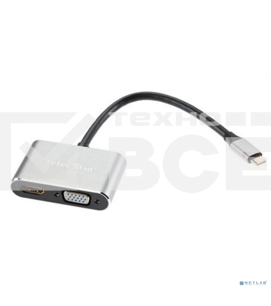 Кабель-концентратор USB3.1 TypeCm -->HDMI+USB3.0+PD+VGA Alum Grey 4K@30Hz, Telecom<TUC055>
