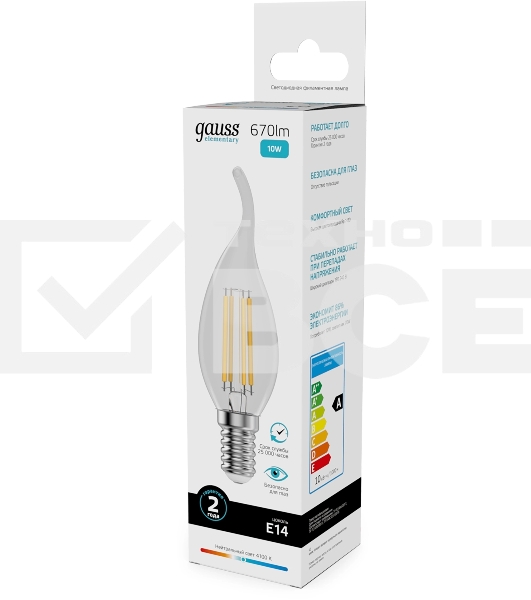 Лампа филам. Gauss Filament 10Вт цок.:E14 свеча св.свеч.бел.нейт. (упак.:10шт) (42120)
