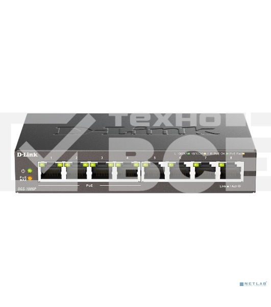 Неуправляемый коммутатор D-Link DGS-1008P/F3A с 8 портами 10/100/1000Base-T (4 порта PoE 802.3af/at, PoE-бюджет 60 Вт)