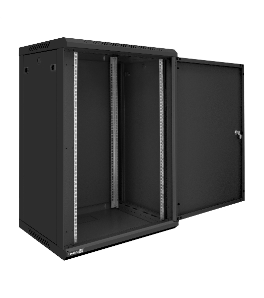 Шкаф телекоммуникационный 19' настенный 18U ExeGate EC-WM-18U.450.M.BLACK (19”, 18U, 600x450x901mm (ШхГхВ), передняя дверь металл, съемные боковые панели, пыле- и влагозащита IP23, черный RAL 9004, 2 коробки)
