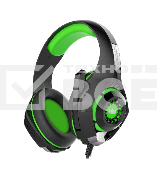 Гарнитура проводная игровая CROWN CMGH-102T Black&green (Подключение USB, встроенная аудио карта, Частотный диапазон: 20Гц-20,000 Гц,Кабель 2.1м,Размер D 250мм)