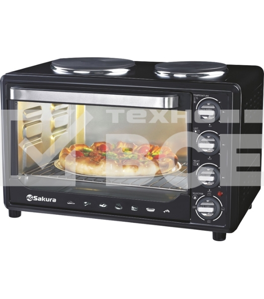 Мини-печь Sakura SA-7001HBK 35л, 3200Вт, духовка 1600Вт, конфорки 185мм+155мм (1000Вт+600Вт), механ.управление, 3 режима работы духовки (верх, низ, верх+низ), раздельная регулировка температуры духовки и конфорок, комплектация - металлическая решетка, противень и ухват. чёрны