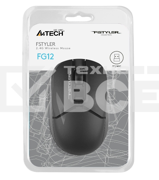 Мышь беспроводная A4Tech Fstyler FG12 черный, 1200 dpi, радиоканал, USB, кнопки - 3