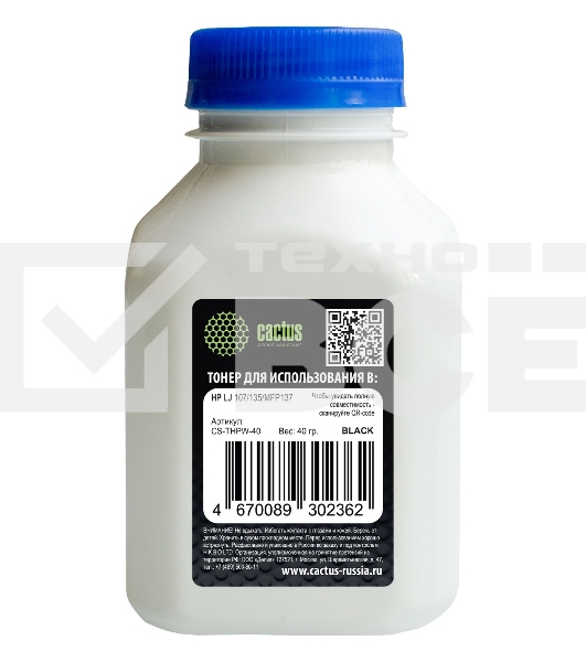 Тонер Cactus CS-THPW-40 черный флакон 40гр. для принтера HP LJ 107/135/MFP137/408/MFP432