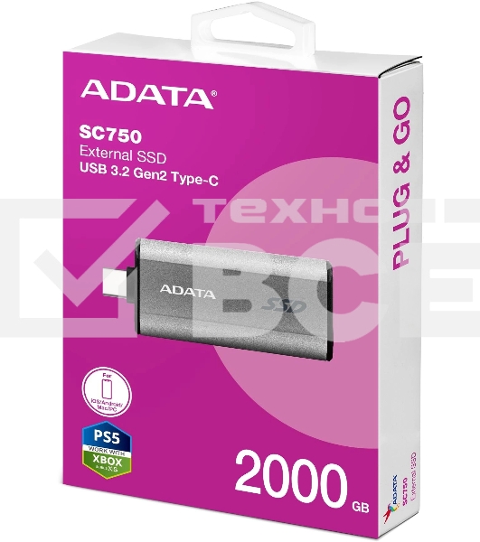 Твердотельный диск A-DATA External SC750 серый SC750-2000G-CCBK 2TB USB 3.2 Gen 2 Type-C, [R/W -1050/1000 MB/s]