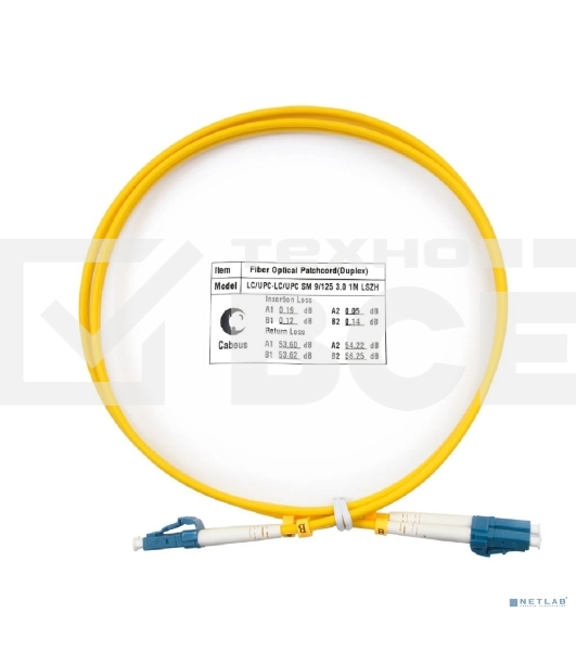 Комм. шнур оптический Cabeus Tight Buffer, Duplex LC/LC, OS2 9/125, LSZH, 1м, Ø 3мм, синий хвостовик, желтый