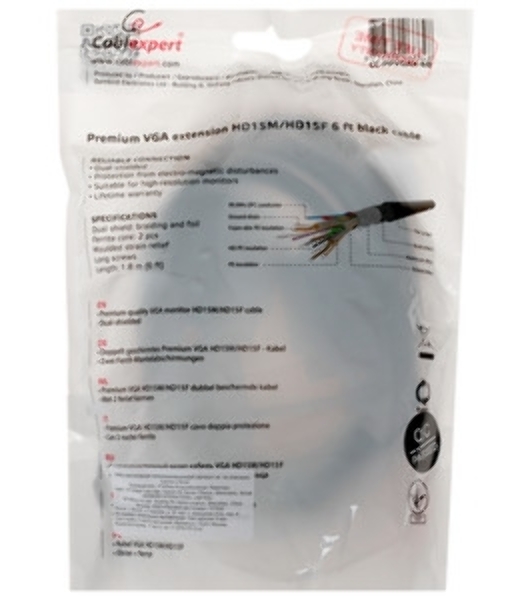 Кабель-удлинитель VGA Pro Cablexpert CC-PVGAX-1.8M, 15M/15F, 1.8м, экран, феррит. кольца, пакет