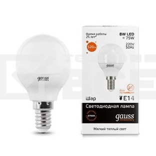 Лампа светодиодная LED 8Вт E14 220В 2700К Elementary шар 53118 Gauss