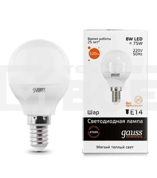 Лампа светодиодная LED 8Вт E14 220В 2700К Elementary шар 53118 Gauss