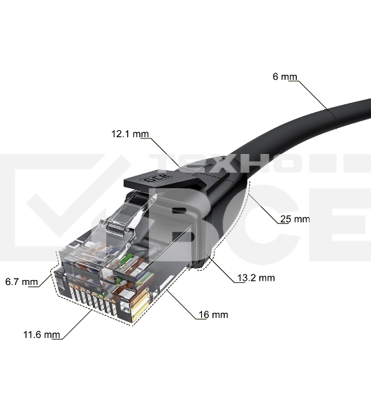 Патч-корд GCR прямой 10.0m UTP кат.6, черный, 24 AWG, литой без фиксатора, ethernet high speed 1 Гбит/с, RJ45, T568B, GCR-52536
