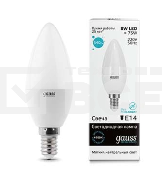 Лампа светодиодная LED 8Вт E14 220В 4100К Elementary свеча 33128 Gauss