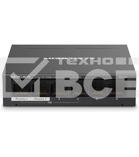 Настольный коммутатор Mercusys MS106LP с 6 портами 10/100 Мбит/с (4 порта PoE+)