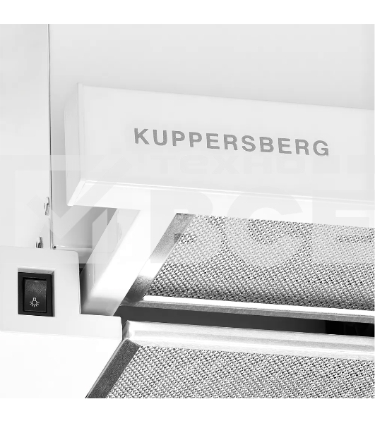 Вытяжка встраиваемая Kuppersberg SLIMLUX 60 W, ширина 55,2 см, отвод/рециркуляция, 550 м3/час, механическое кнопочное управление, 3 скорости, светодиодное освещение 2х2 Вт, металлические жироулавливающие фильтры, угольный фильтр KF-Y (опция), цвет белый