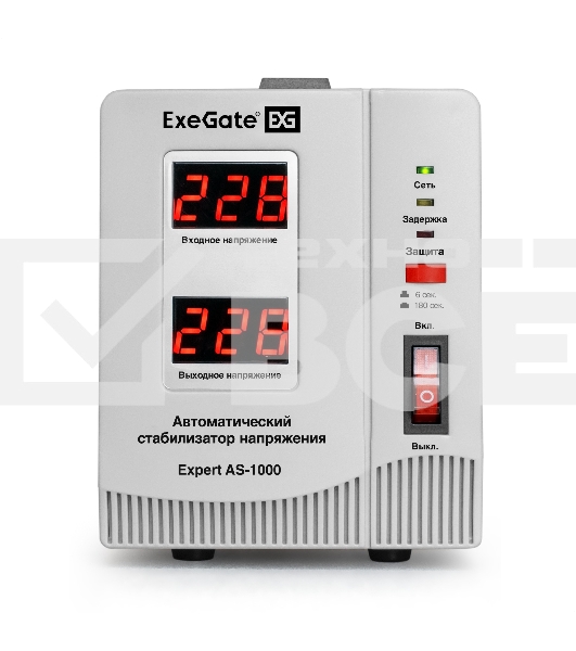 Стабилизатор напряжения ExeGate Expert AS-1000 (1000ВА, вход 140...260В, выход 220В±8%, КПД 98%, 5 уровней защиты, задержка, евророзетка, RTL)