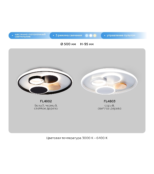 Светильник Ambrella light FL4803 GR серый 3000K-6400K 70W D500*95 (ПДУ ИК)