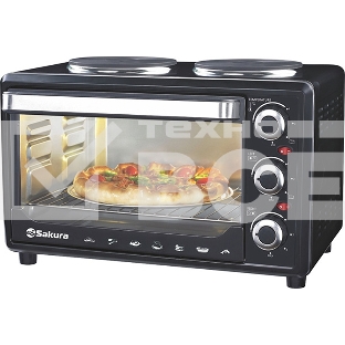 Мини-печь Sakura SA-7002HBK 48л, 3600Вт, духовка 2000Вт, конфорки 185мм+155мм (1000Вт+600Вт), механ.управление, 3 режима работы духовки (верх, низ, верх+низ), раздельная регулировка температуры духовки и конфорок, комплектация - металлическая решетка, противень и ухват. чёрны