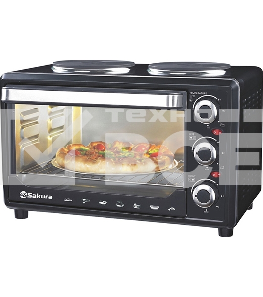 Мини-печь Sakura SA-7002HBK 48л, 3600Вт, духовка 2000Вт, конфорки 185мм+155мм (1000Вт+600Вт), механ.управление, 3 режима работы духовки (верх, низ, верх+низ), раздельная регулировка температуры духовки и конфорок, комплектация - металлическая решетка, противень и ухват. чёрны