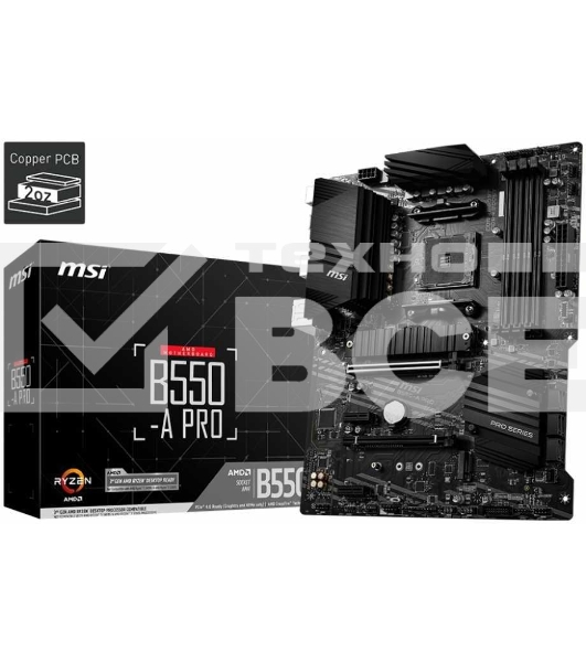 Материнская плата MSI B550-A PRO, AM4, AMD B550, 4xDDR4, 6xSATA, 2xM.2, 1xPCI-E 4.0 x16, 1xPCI-E 3.0 x16, 2xPCI-E x1, 1xHDMI, 1xDP, 1x 1Gb LAN, 4xUSB-A 2.0, 2xUSB-A 3.2 Gen 1, 1xUSB-A 3.2 Gen 2, 1xUSB-C 3.2 Gen 2, 6x3.5 мм, 7.1, ATX