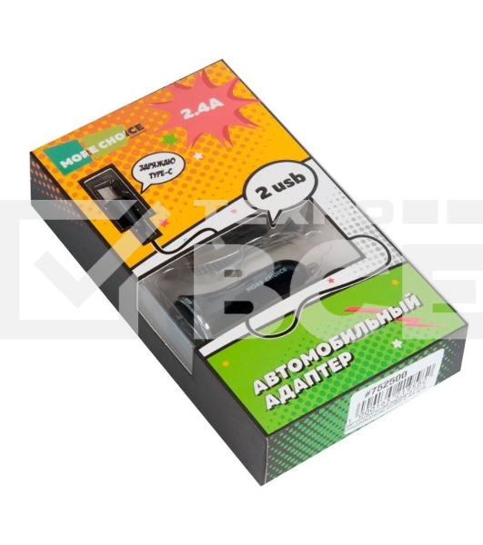 Автомобильная зарядка (от прикуривателя) 2USB 2.4A для Type-C More choice AC22a черный