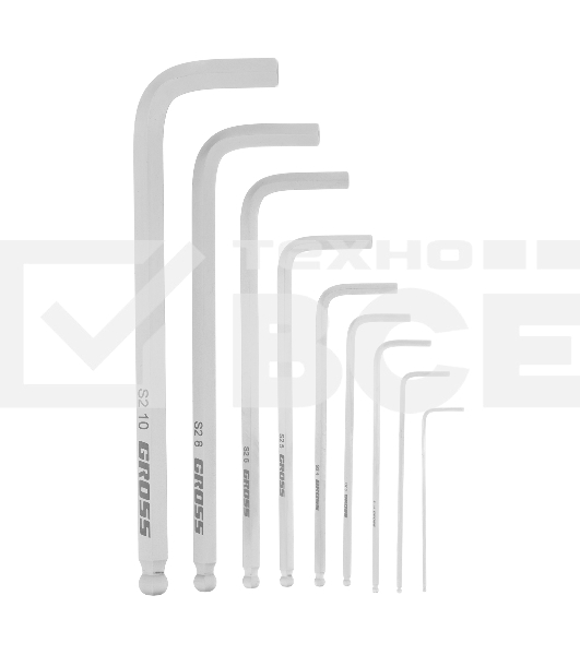 Набор ключей имбусовых Gross 16403 HEX, 1,5–10 мм, S2, 9 шт., удлиненные с шаром, сатинированные