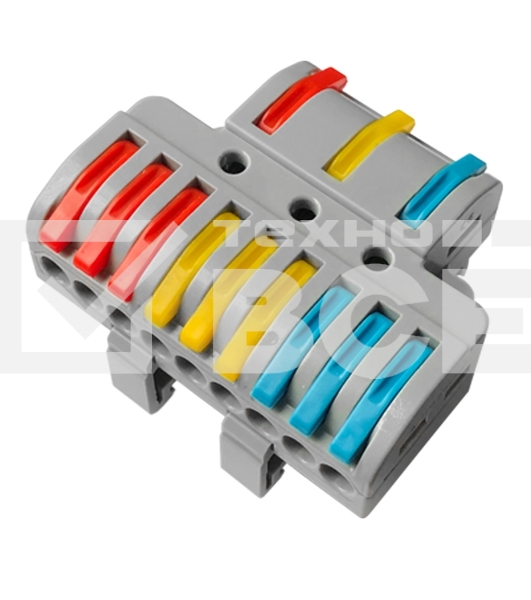 Клемма СМК Rexant 3х3D проходная разветвительная 3 полюса на DIN-рейку (0,08-4 мм²) (1 ввод, 3 вывода на полюс) серый (15 шт/уп)